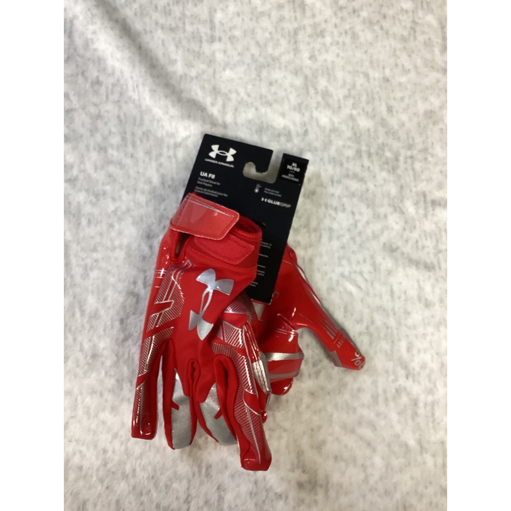 Under Armour UA F8 Football Gloves Mens XL Red Silver Skill Player‎ GlueGrip NEW